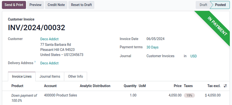 Customer Invoice with a green In Payment banner located in the upper-right corner.