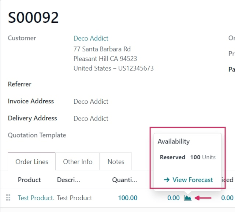 Confirmed sales order with product availability tooltip selected.