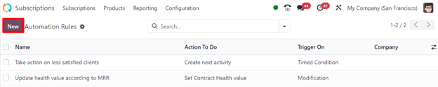 The Automation Rules page in the Odoo Subscriptions application.
