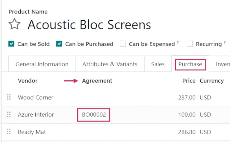 Product form with replenishment agreement linked to blanket order.