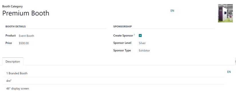 A typical booth category form in the Odoo Events application.