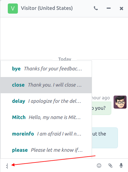 A live chat window with a list of all available canned responses.