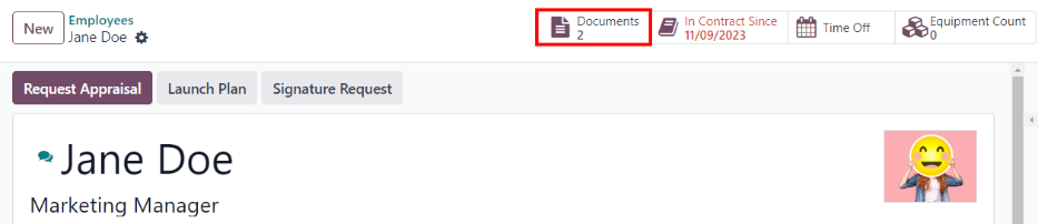 All uploaded documents associated with the employee appear in the documents smart-button.