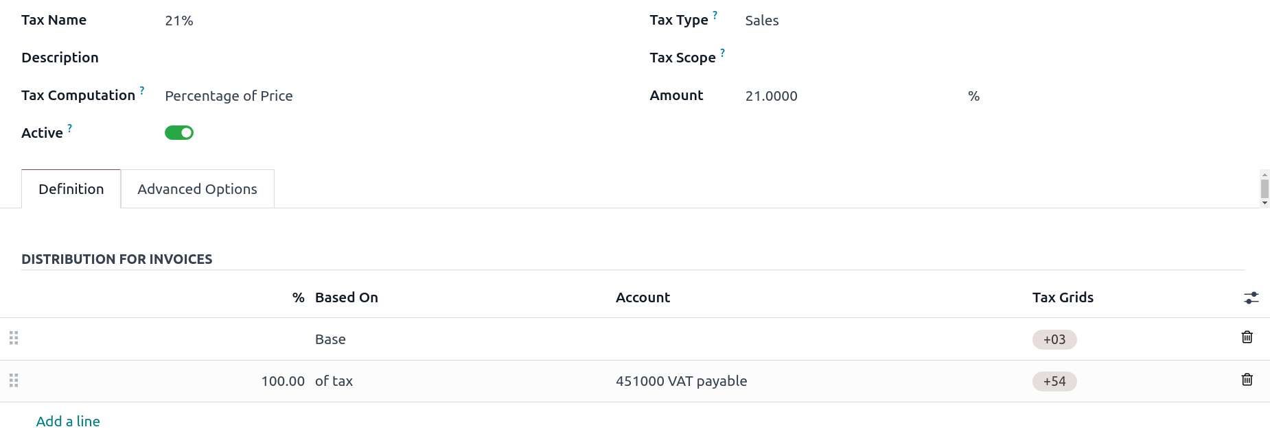 Edition of a tax in Odoo Accounting