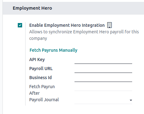 Enabling Employment Hero Integration in Odoo Accounting displays new fields in the settings