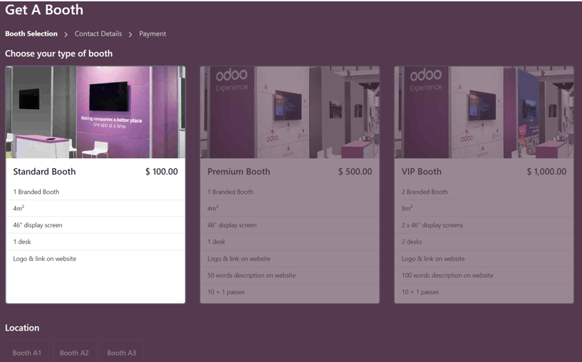 Typical Get A Booth page on the event website via the Odoo Events app.