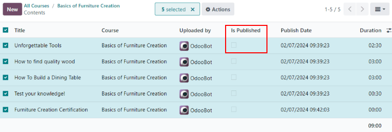 View of a course contents being published in Odoo Helpdesk back-end.