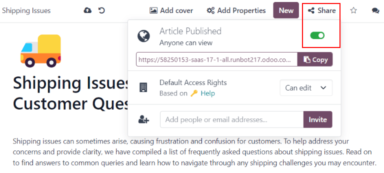 View of a knowledge article focused on sharing and publishing options.