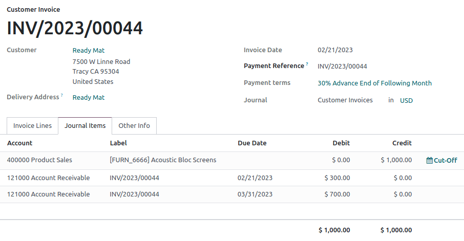 The amount debited to the account receivable is split into two journal items with distinct due dates