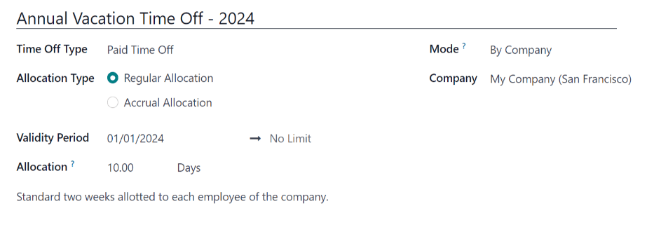 A new allocation form with all the fields filled out for the annual two week vacation granted to all employees.