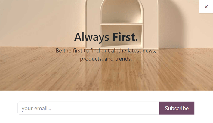 Sample of how a newsletter popup block appears on an Odoo Website.