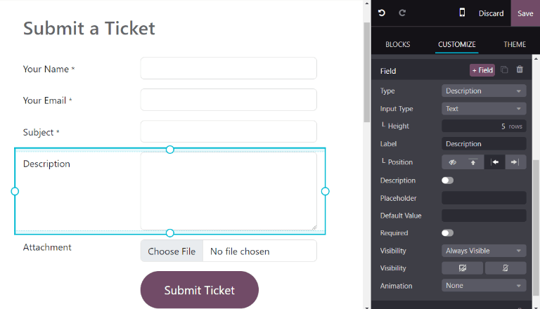 View of the unpublished website form to submit a ticket for Odoo Helpdesk.