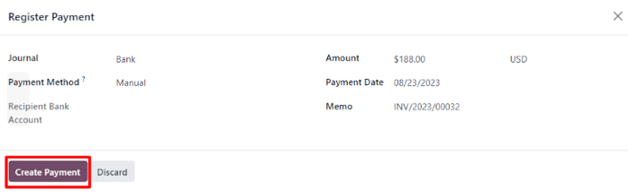 A register payment pop-up window on a customer invoice in Odoo Sales.