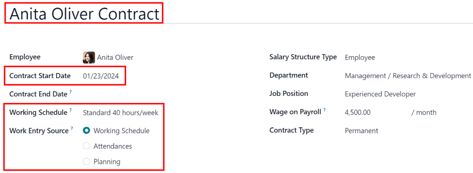 New contract form to be filled in when creating a new contract, with required fields outlined in red.