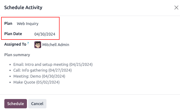 The schedule activity pop-up window with an Activity plan selected.