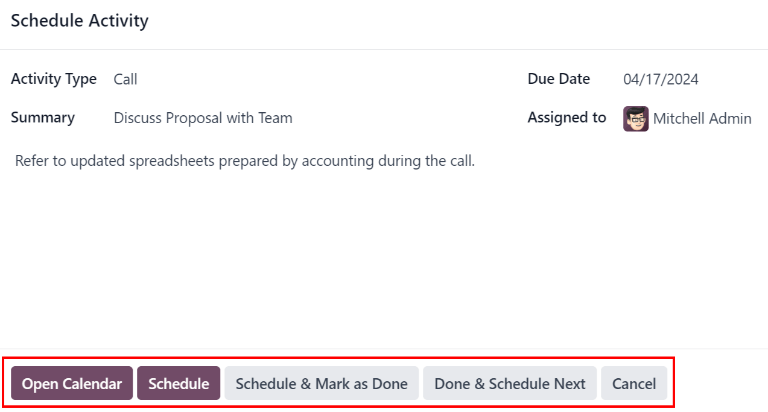 View of CRM leads and the option to schedule an activity.