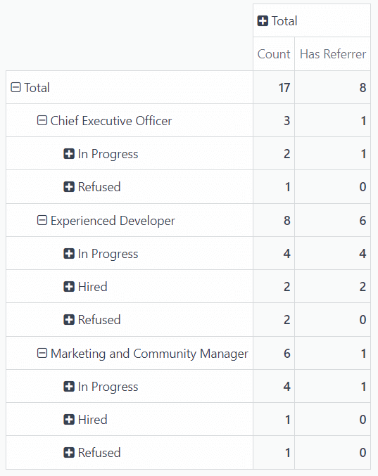 The detailed pivot table view displaying applicants hired through referrals.