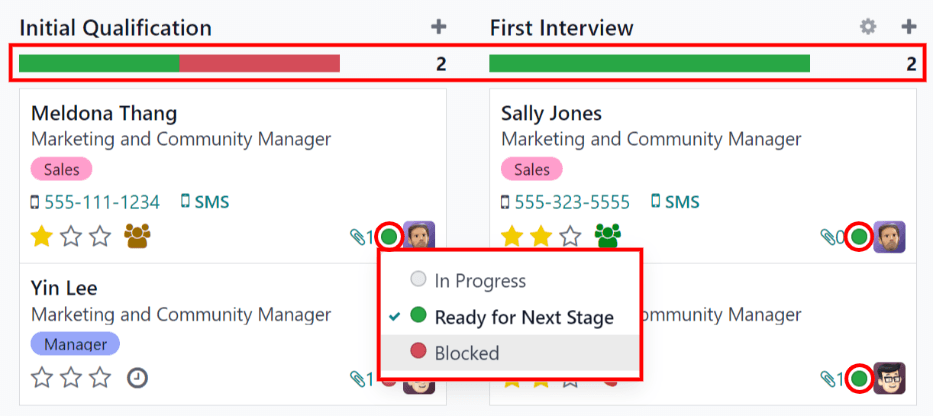 The applicant card statuses, and status bar.