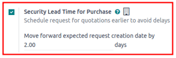 Set security lead time for purchase from the Inventory > Configuration > Settings.